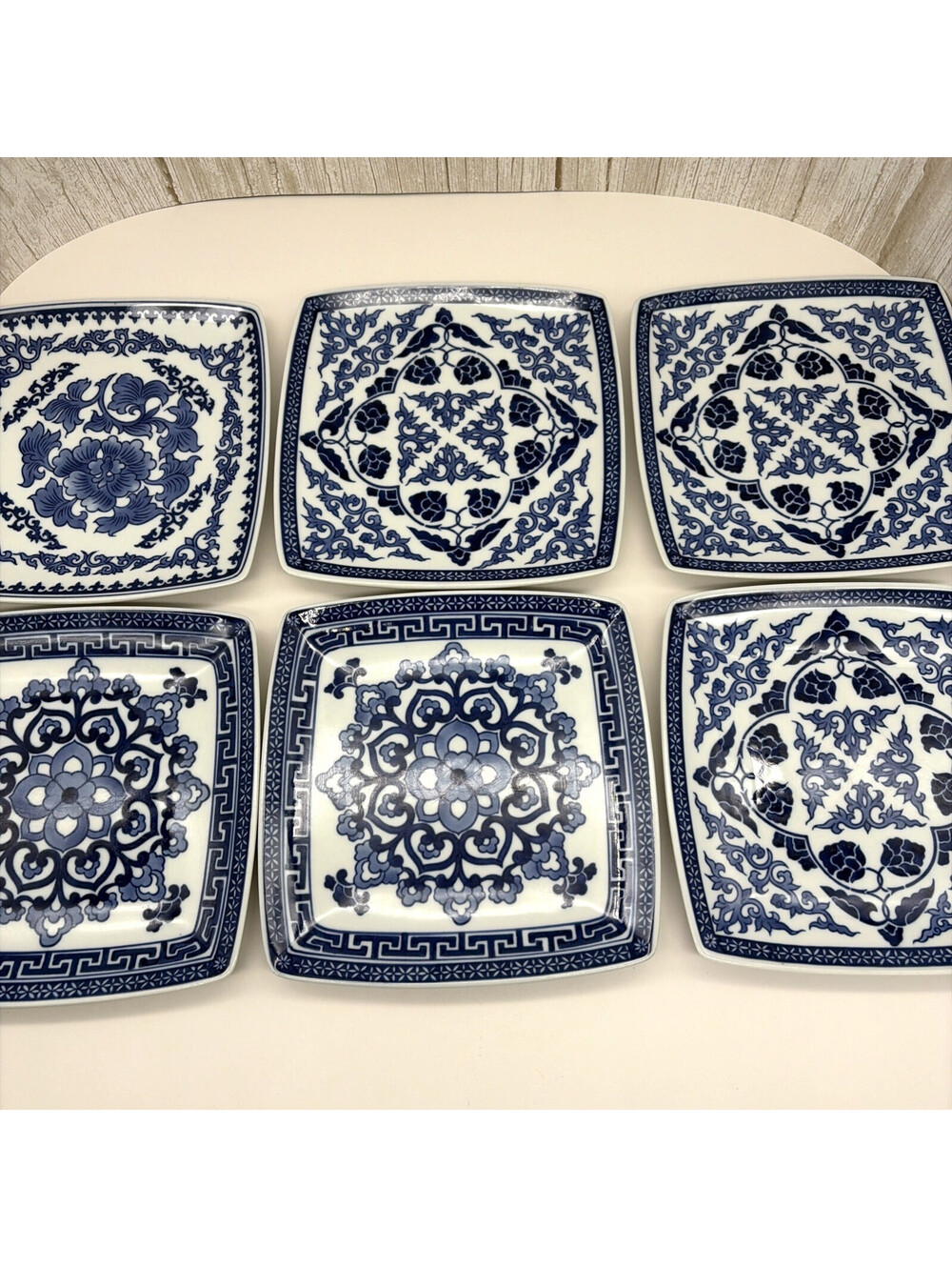 Set of 6 Bombay Blue White Square Salad Dessert Plates 7" Porcelain Floral